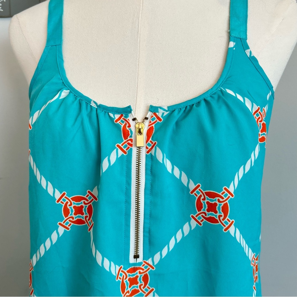MacBeth Collection Turquoise Top Sleeveless Nautical Rope Print Half Zip Tank